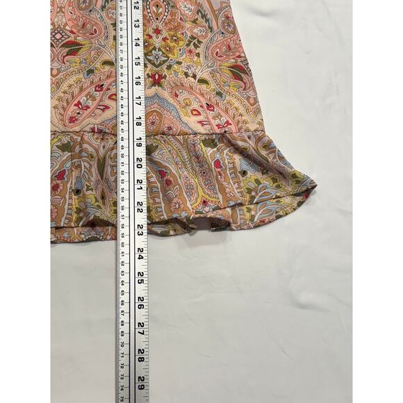 T Tahari Split Neck Ruffle Peplum Top XS Pink Cream Paisley Shirred Sleeveless - Picture 9 of 9